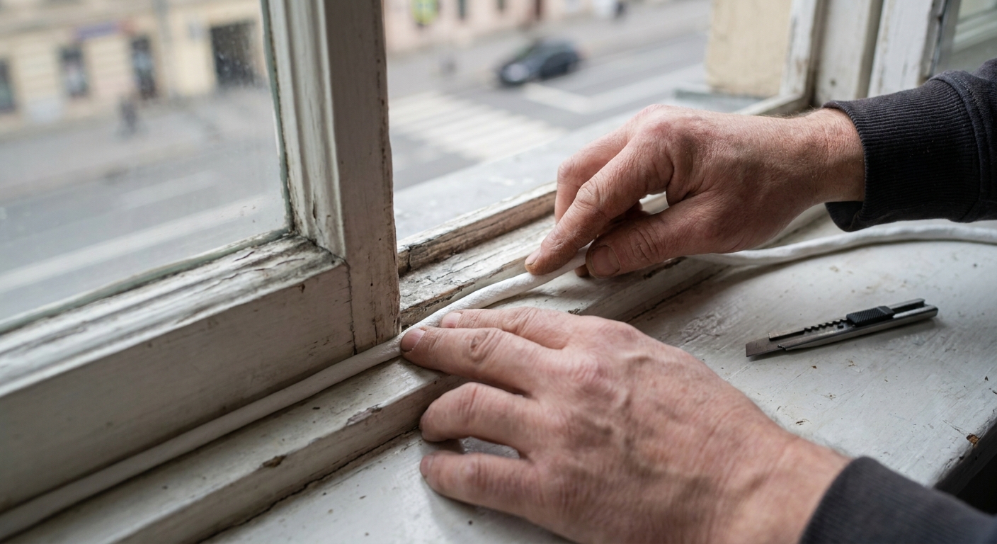 Hands pressing white removable rope caulk into a narrow gap along a drafty apartment window frame, close-up real photo