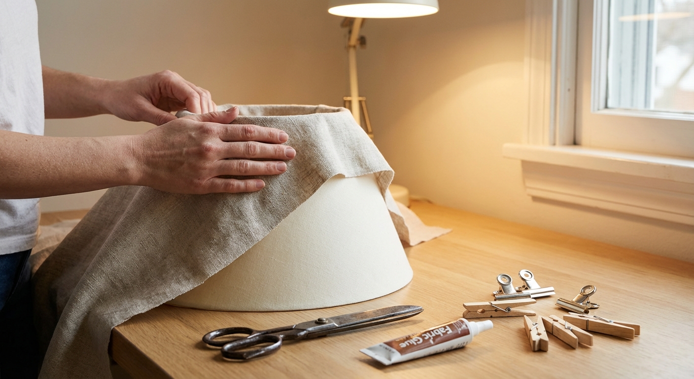 Hands smoothing oatmeal linen over a tapered lampshade on a work table with scissors, fabric glue, and clips, warm indoor light, real photo
