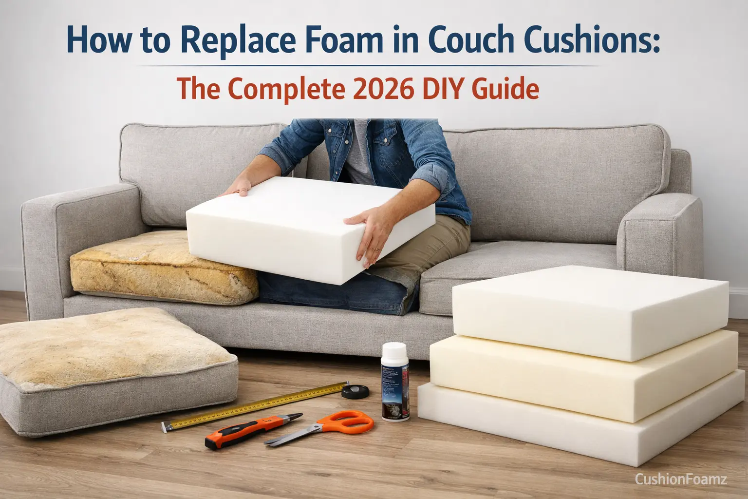 Hands unzipping a sofa cushion cover to reveal a foam insert on a neutral-toned couch, indoor daytime photo