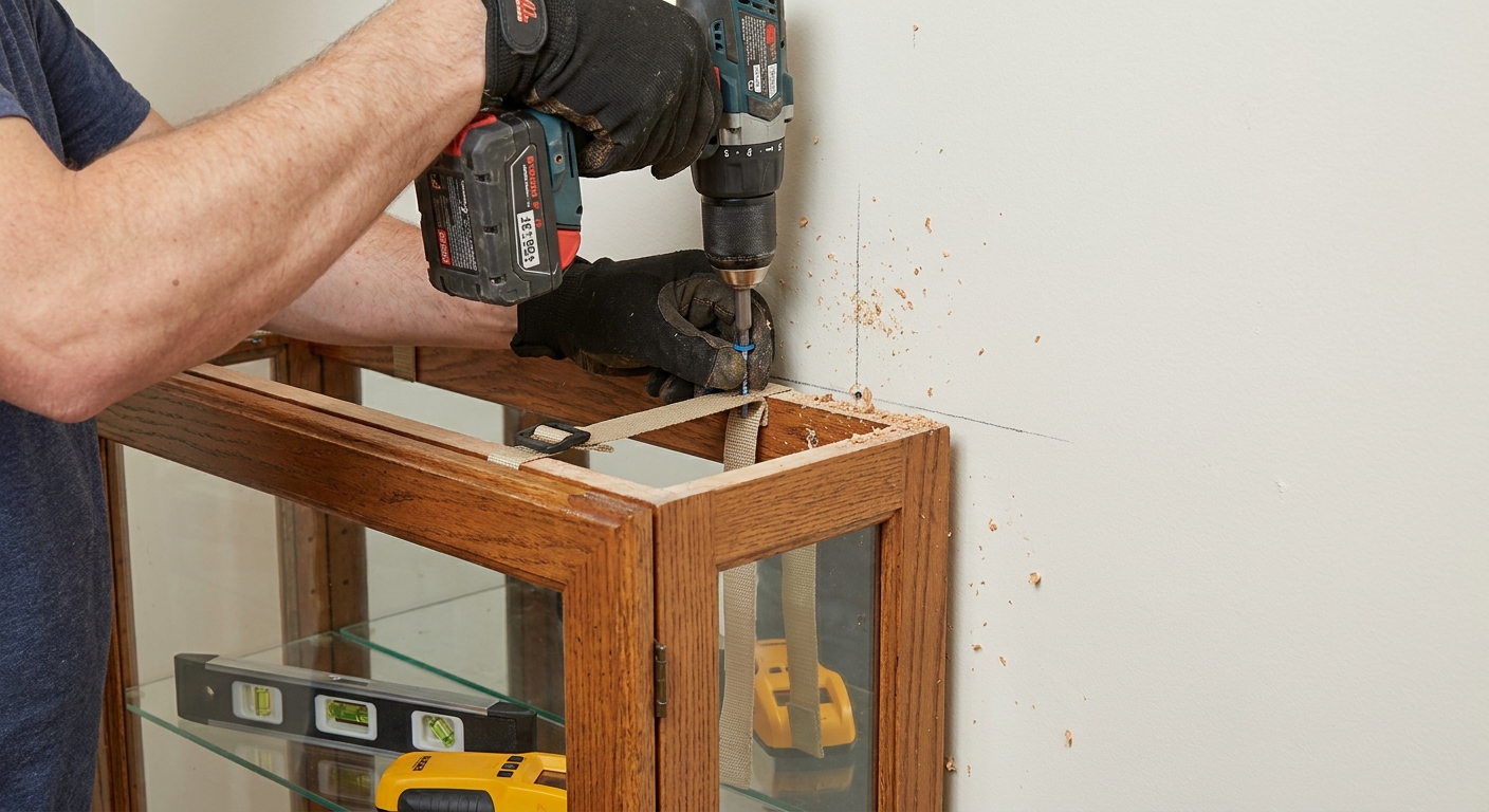 Hands using a drill to install an anti-tip strap from the top of a tall glass display cabinet into a wall stud, close-up home improvement photo