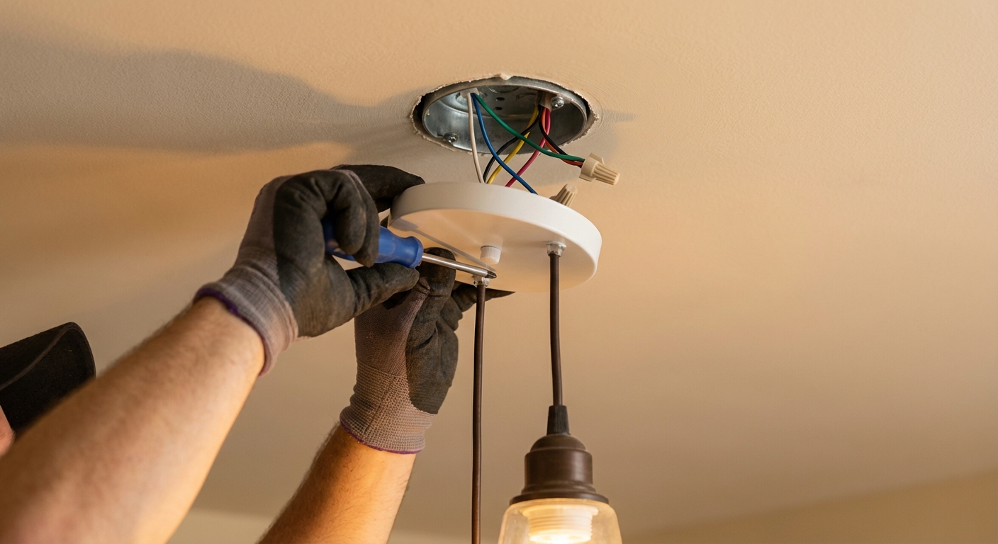 Hands using a screwdriver to secure a pendant light canopy to a ceiling junction box, wires tucked neatly inside, realistic home DIY photograph