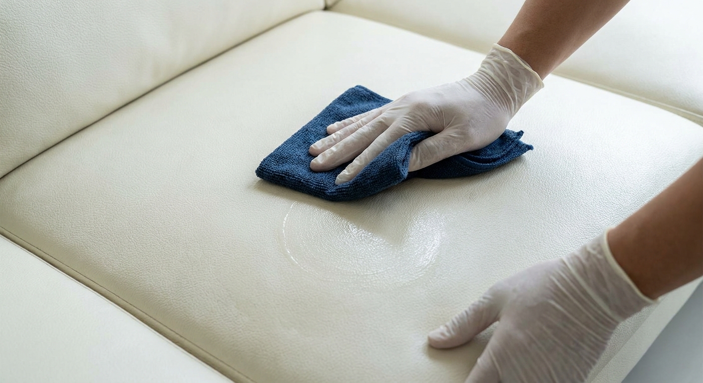Hands wiping an off-white vinyl couch cushion with a damp microfiber cloth, close-up showing a gentle cleaning motion
