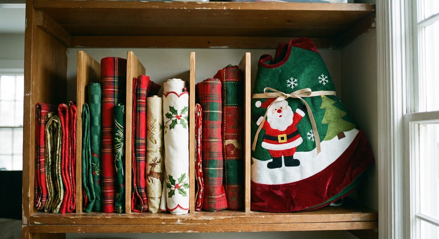 Holiday table linens and a tree skirt stored upright between shelf dividers on a closet shelf, realistic photography