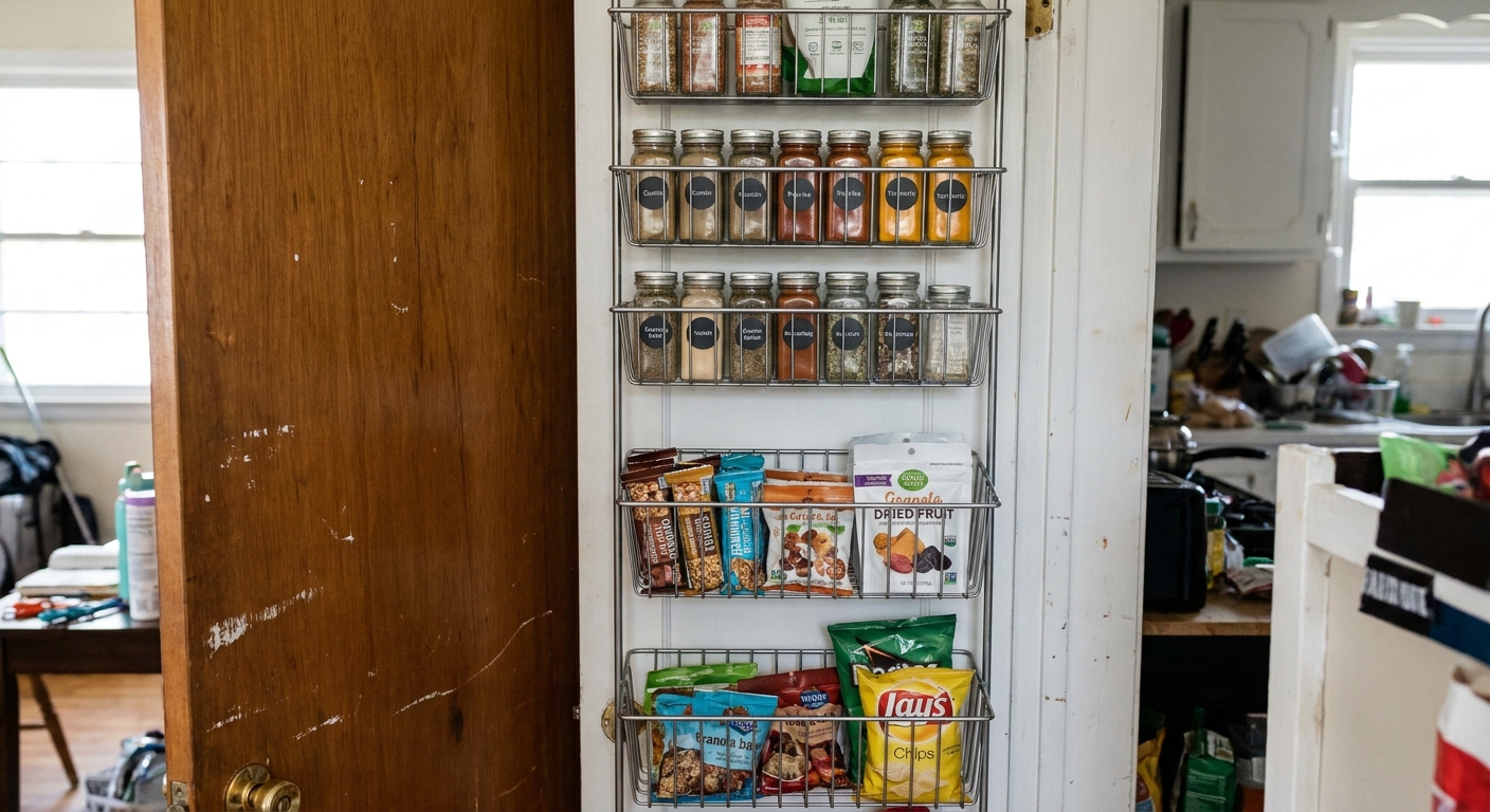 Inside of a pantry closet door fitted with an over-the-door organizer holding spice jars and snack packets in a tidy real-life kitchen storage setup
