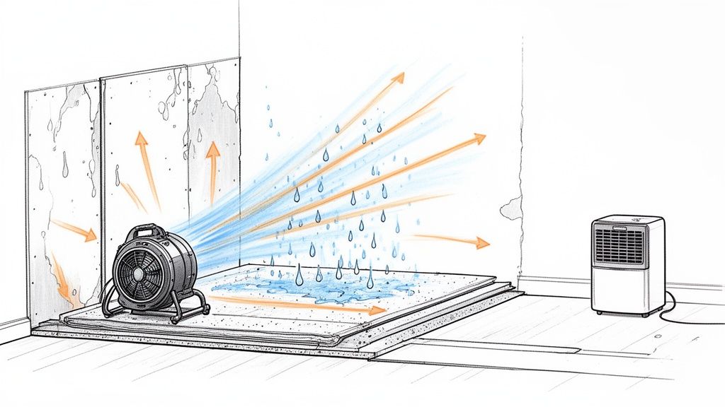 Kitchen with cabinet doors slightly open and a box fan circulating air across the room