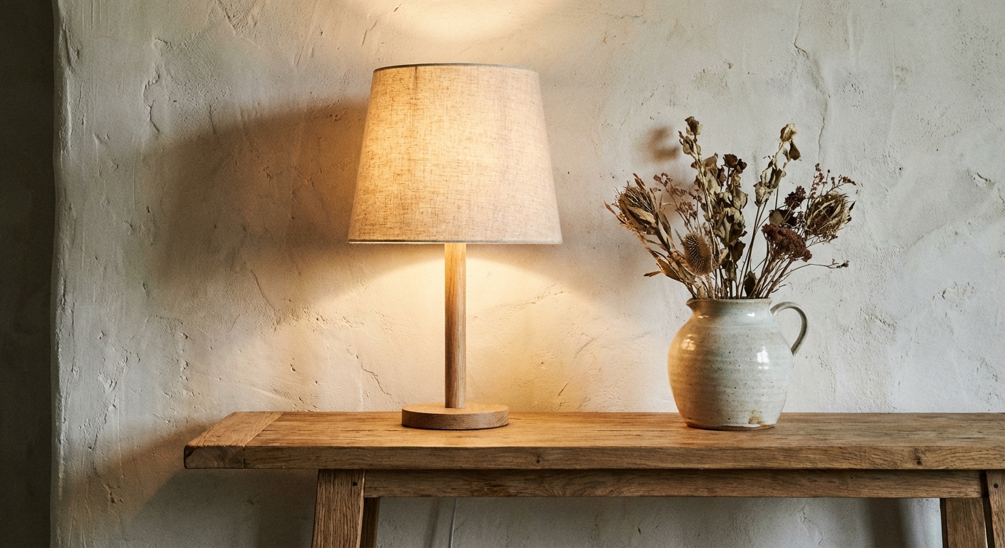 Linen-shaded table lamp glowing on an oak console with a ceramic vase and a textured wall