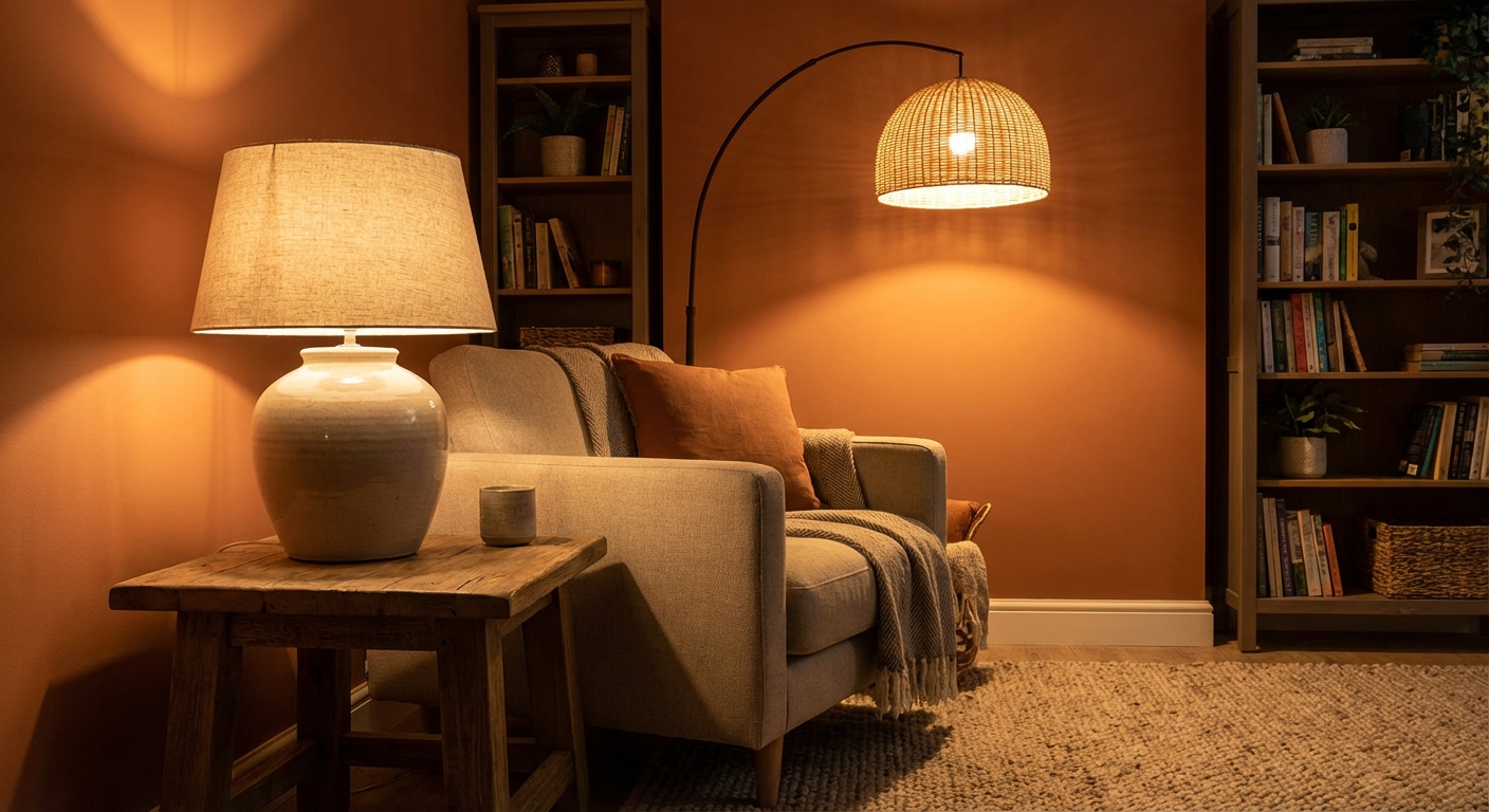 Living room corner with a table lamp and floor lamp turned on, casting warm layered light
