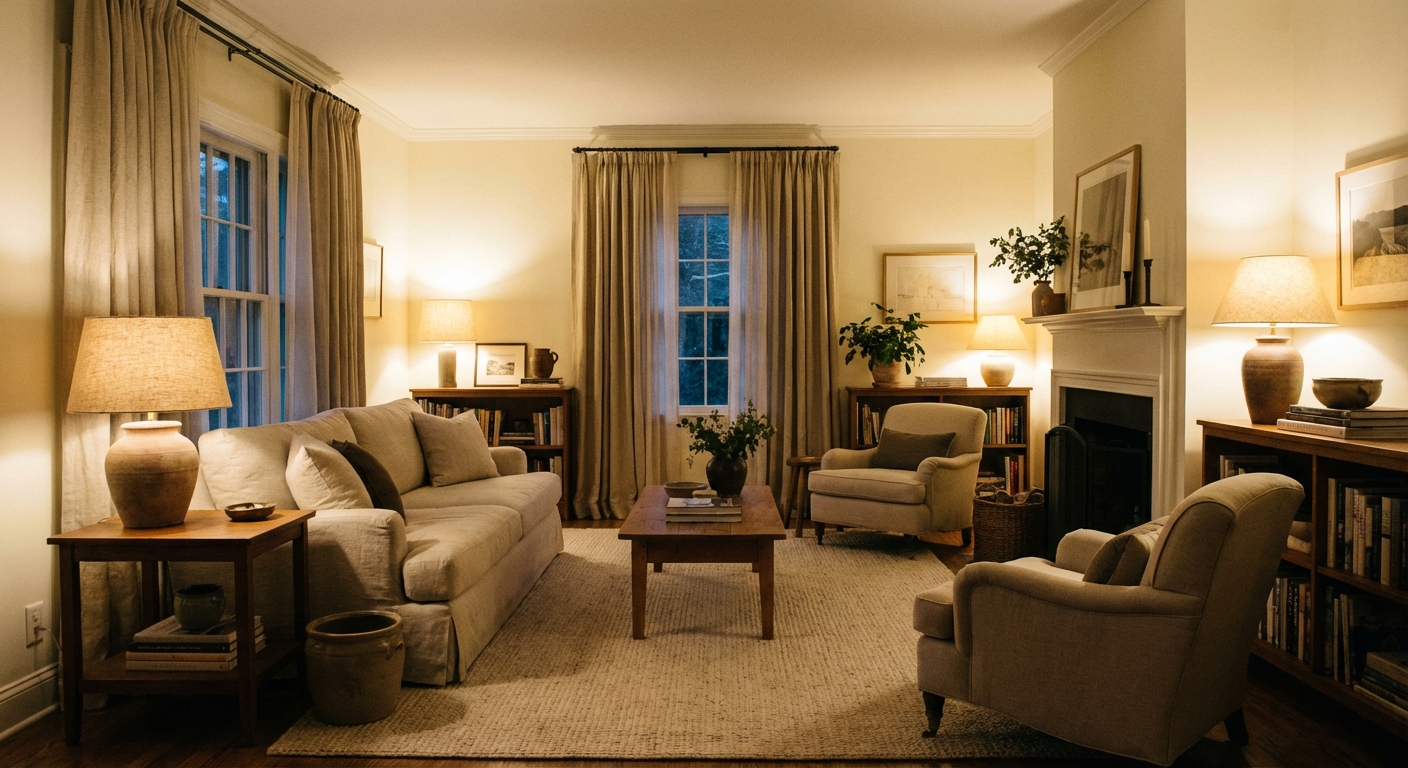 Living room painted a warm creamy white, lit by table lamps at dusk, with linen curtains and a neutral rug