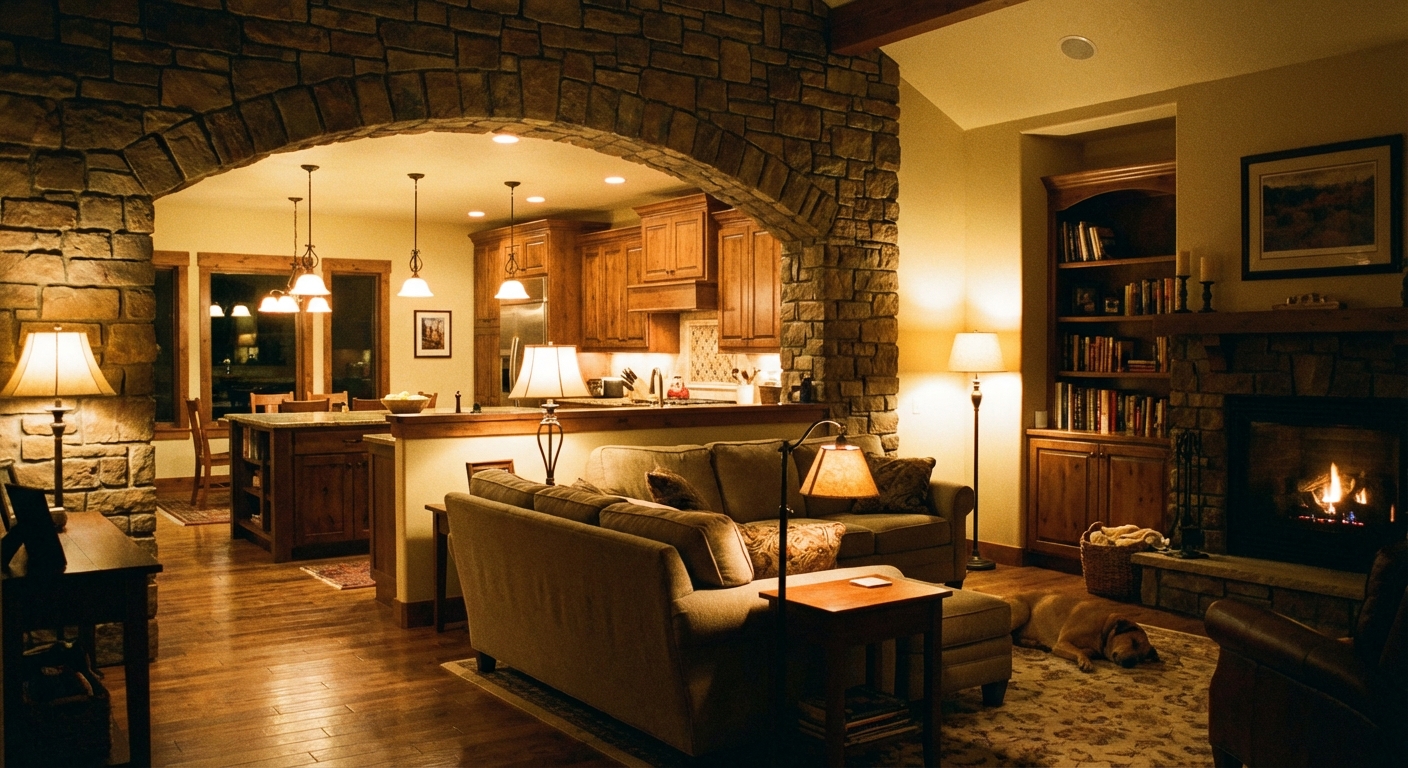 Living room separated from the kitchen by an archway and half wall, with warm lamp light in the evening