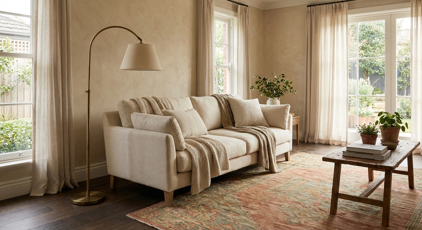 Living room with warm oatmeal walls, cream sofa, vintage brass floor lamp, and a muted patterned rug
