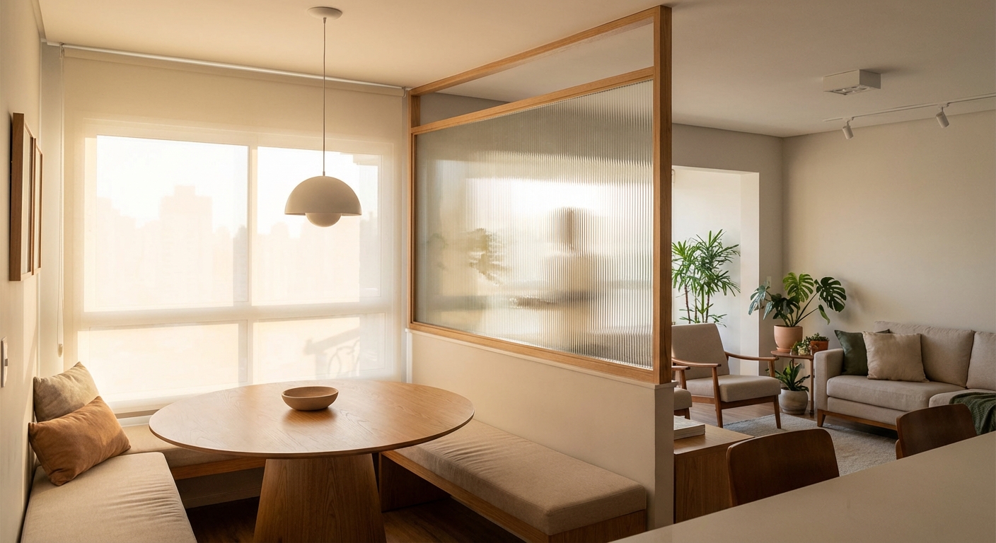Living space divided by a reeded glass partition, creating soft separation between a dining nook and a lounge area while daylight filters through