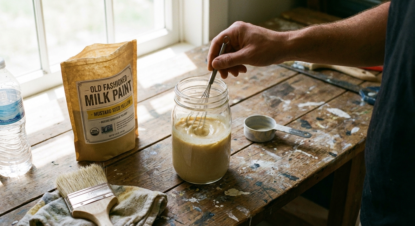 Mixing powdered milk paint with water in a glass jar on a worktable beside a brush