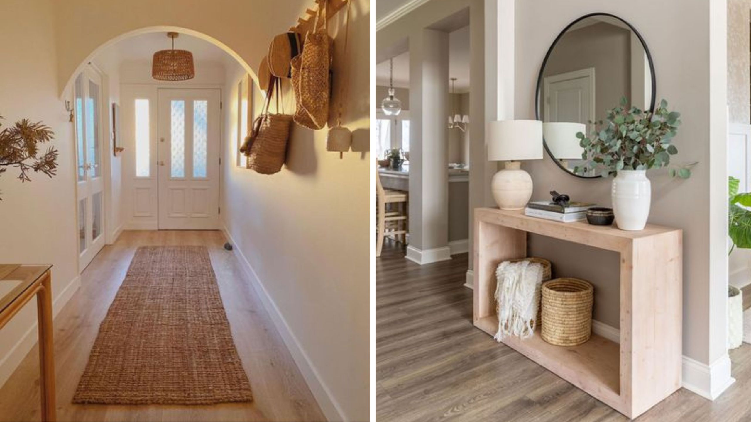 Narrow hallway with a small vintage mirror above a slim wall shelf and a neutral runner rug leading to a front door