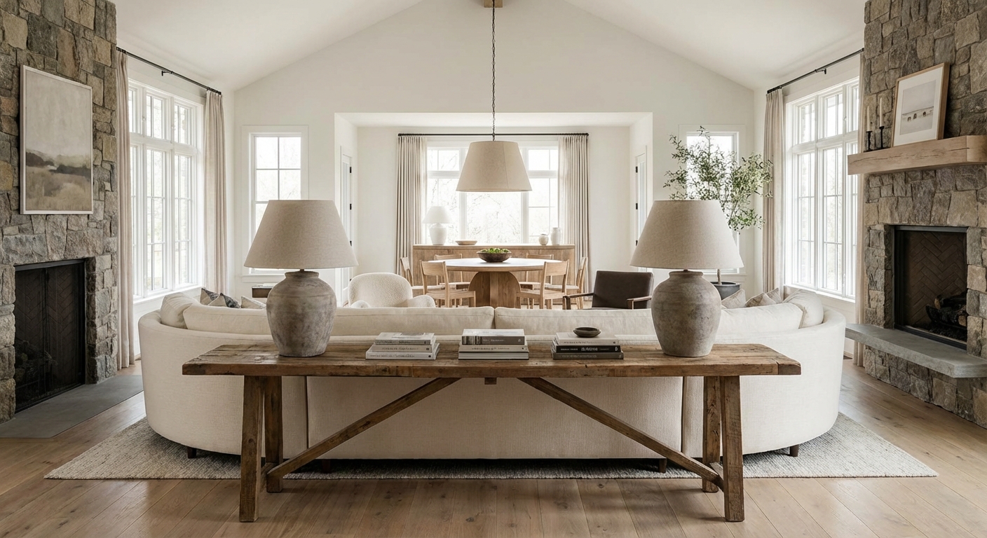 Open concept living room with a sofa floating in the space, a console table behind it with two lamps, and a dining area in the background