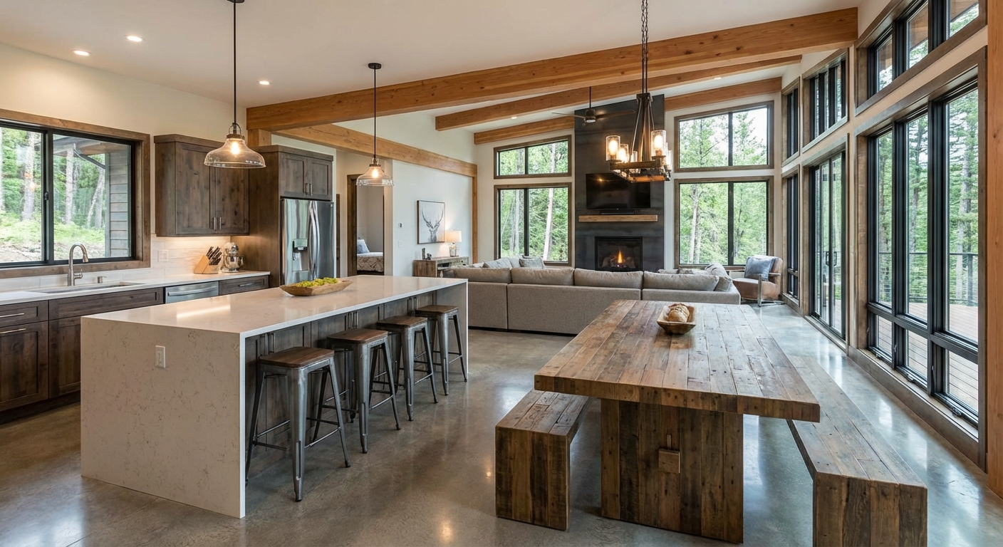 Open plan living area with a kitchen island, dining table, and sectional sofa, showing long sightlines across the room