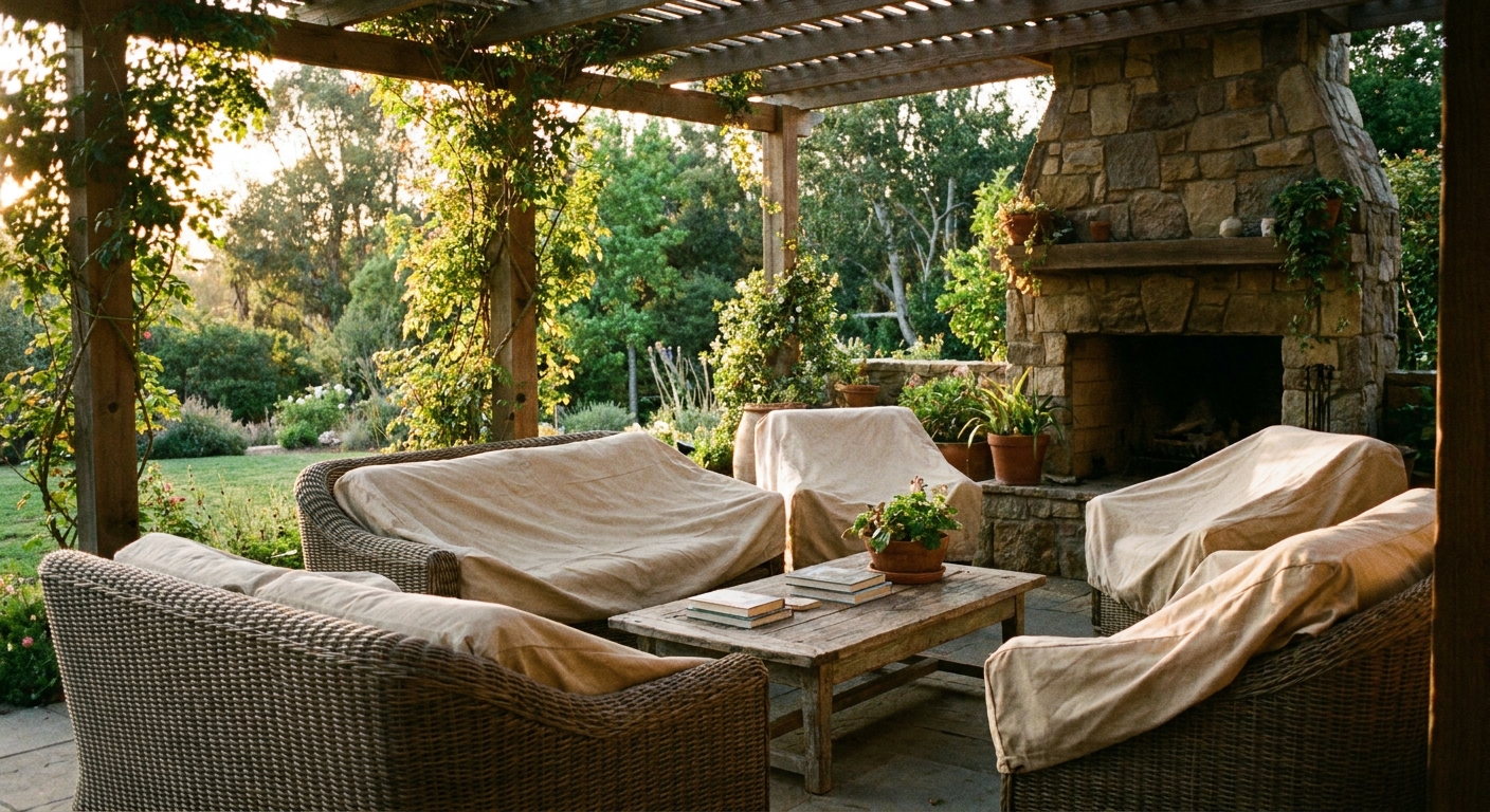 Outdoor wicker seating on a covered patio with breathable furniture covers in place, late afternoon light, realistic home scene