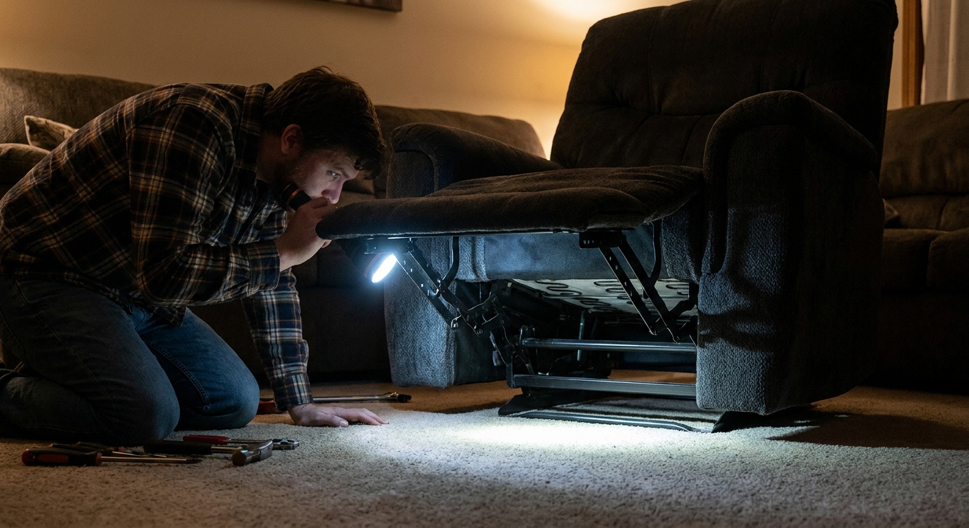 Person shining a flashlight under a recliner to inspect the footrest linkage
