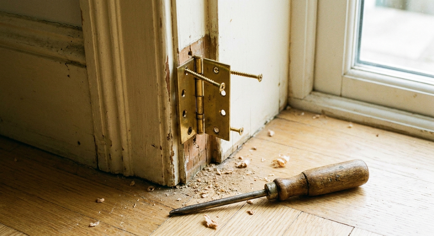 Photo of a door hinge on a wooden jamb with two longer screws ready to be installed, screwdriver resting nearby on a light wood floor