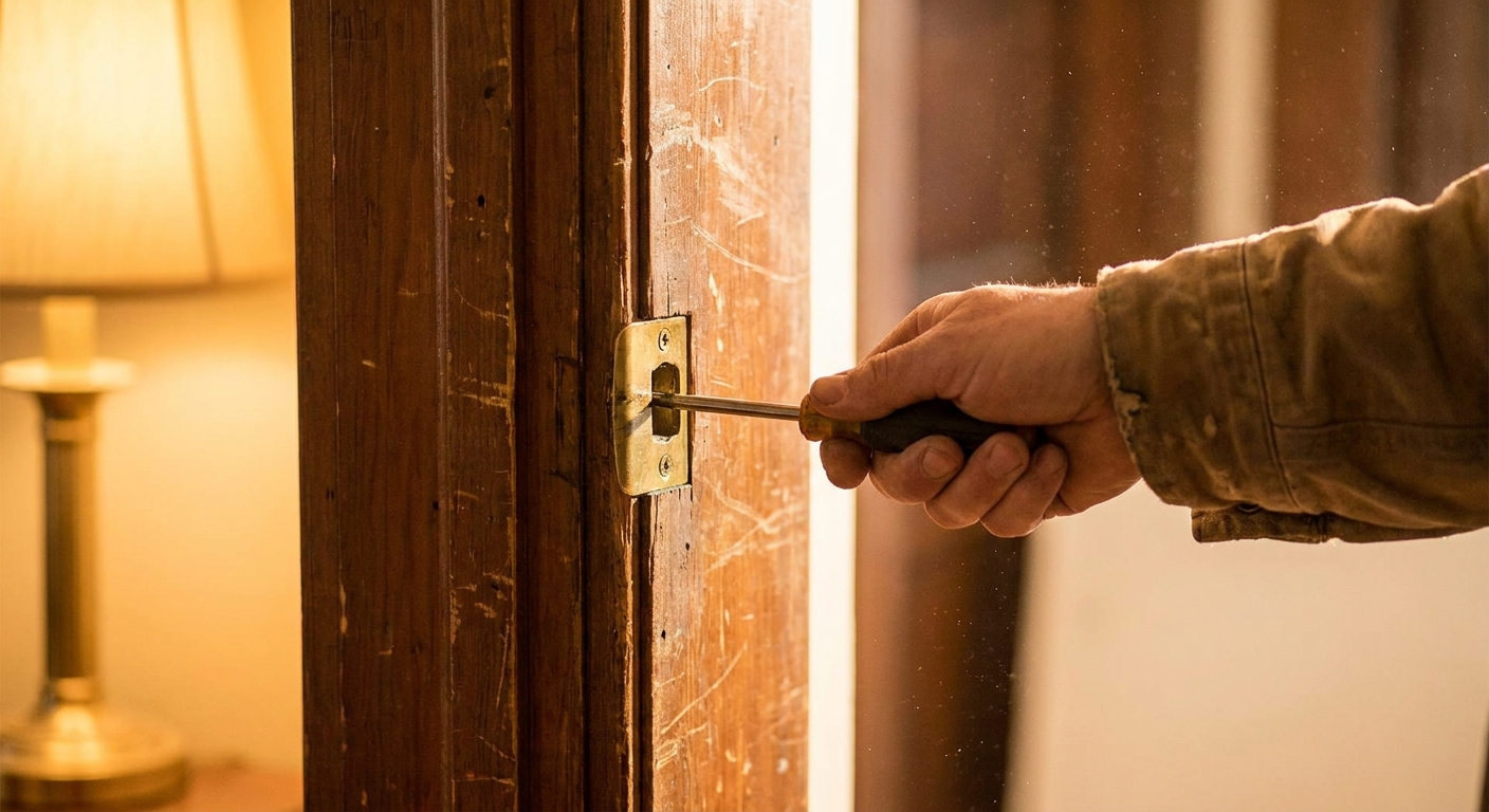 Photo of a metal strike plate on a wooden door jamb being loosened with a screwdriver, warm indoor lighting