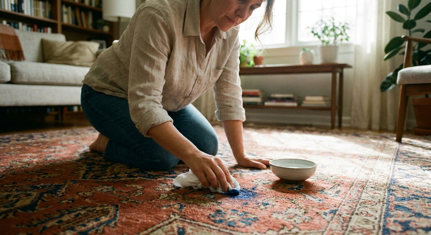 Photo of a person kneeling beside an area rug, gently blotting a small ink stain with a white cloth and a small bowl of clear liquid nearby