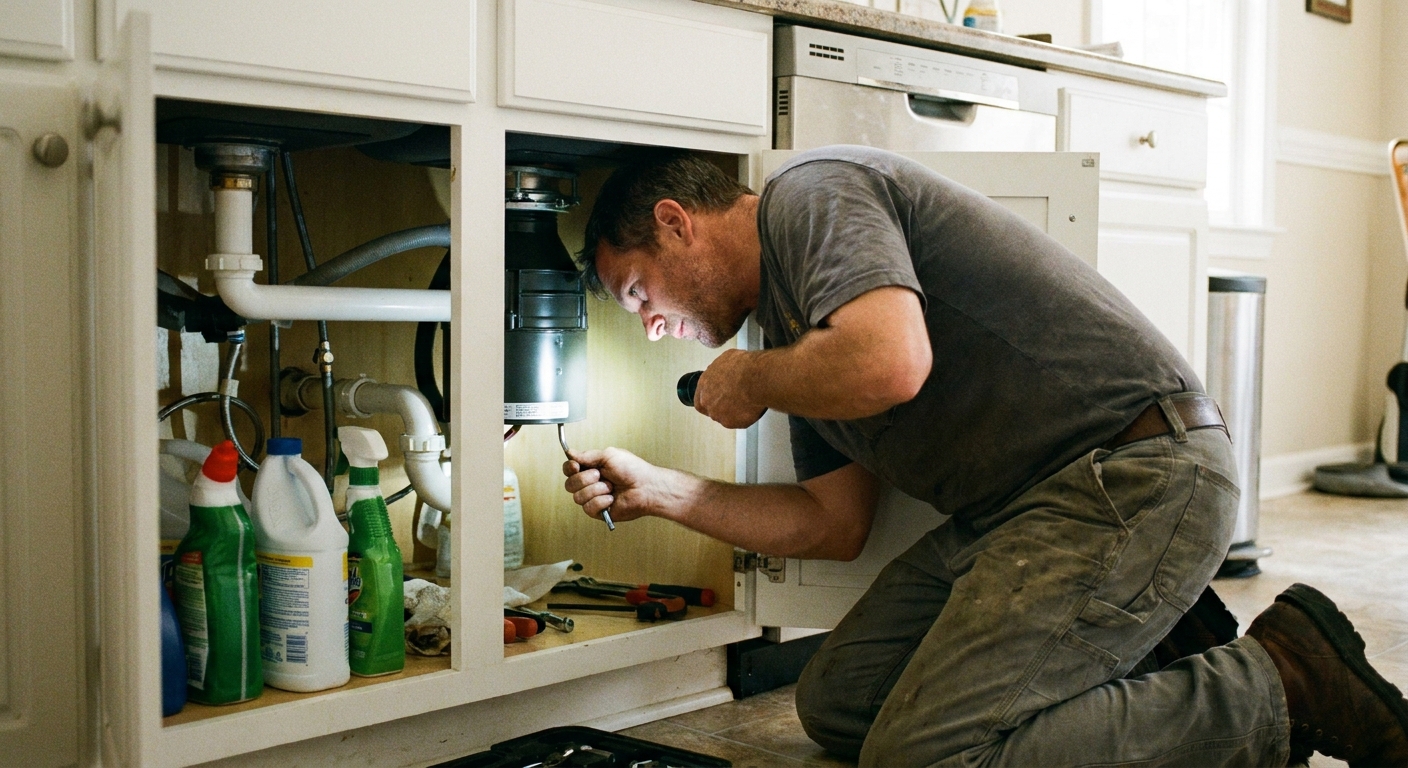 Photo of a person kneeling by an open under-sink cabinet turning an Allen wrench in the bottom of a garbage disposal, with a flashlight illuminating the socket