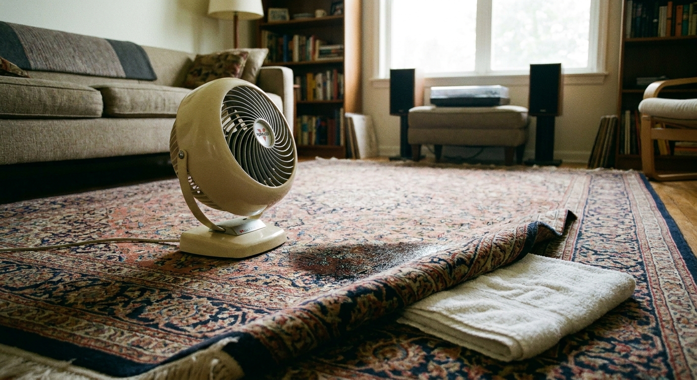 Photo of a small floor fan aimed at a damp spot on an area rug in a living room, with a white towel placed under the rug edge