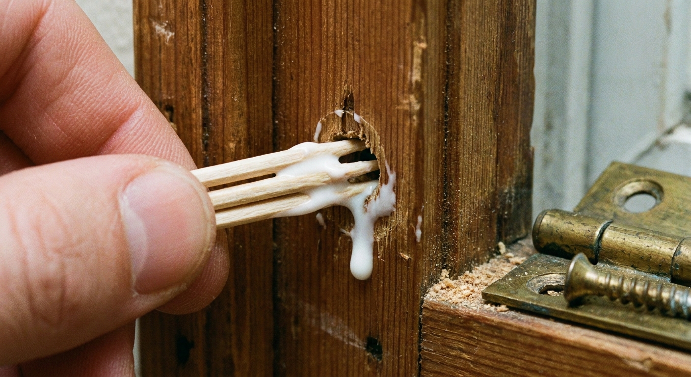 Primer plano de un agujero de tornillo en el marco de una puerta siendo rellenado con palillos de madera y cola antes de volver a atornillar una bisagra, fotografía realista