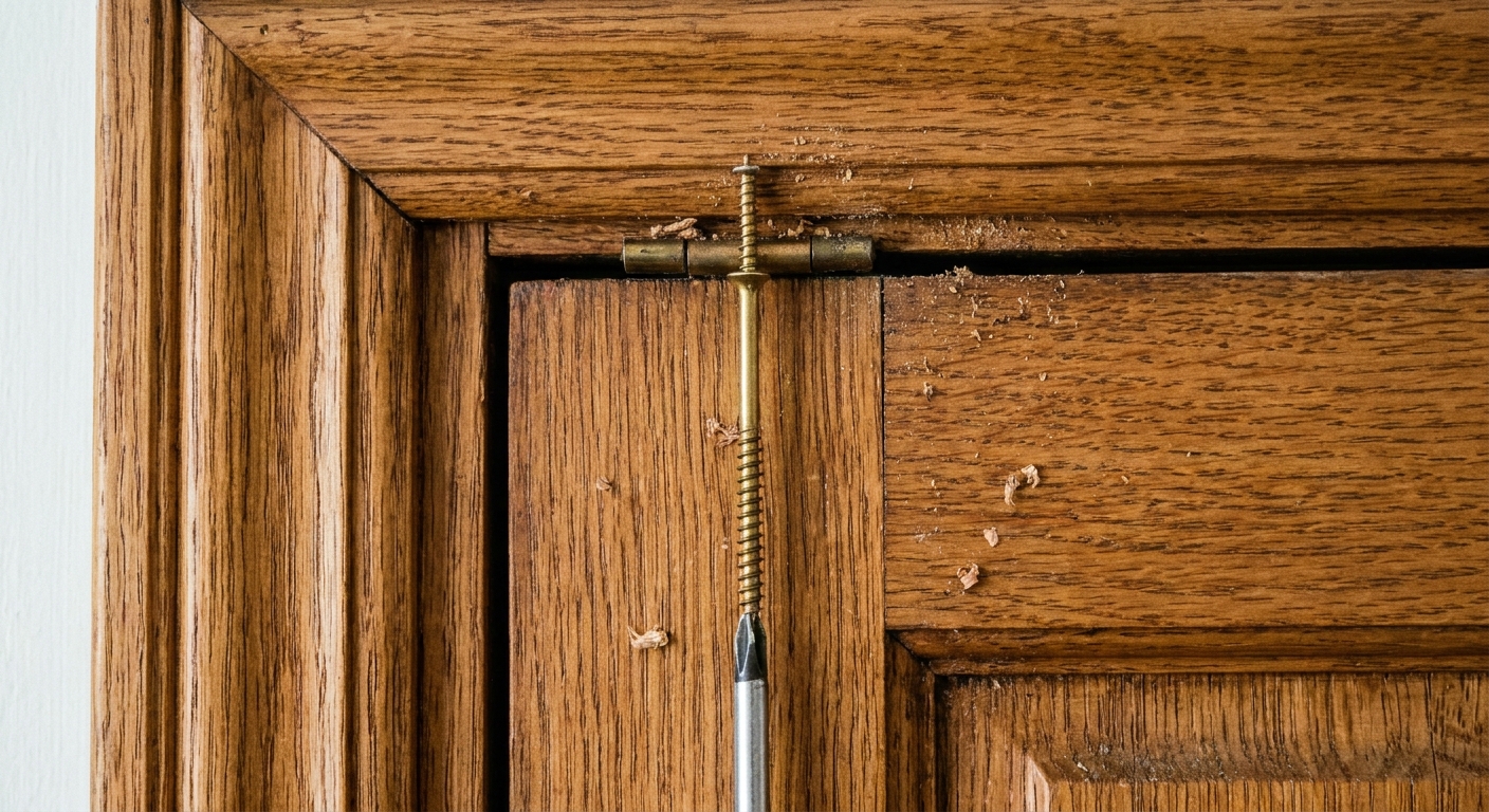 Primer plano de un tornillo largo entrando en la bisagra superior de una puerta de madera, con la veta del marco visible, fotografía realista