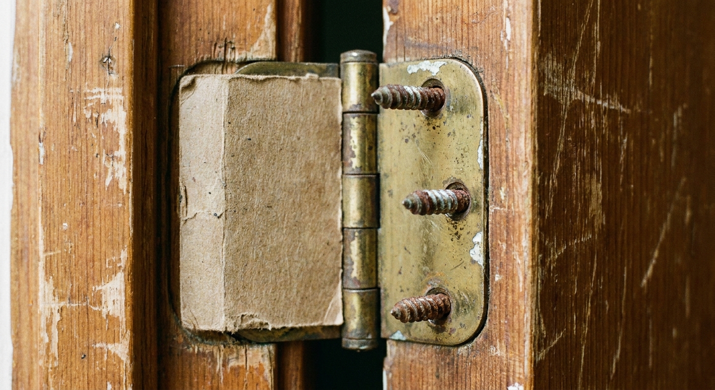 Primer plano de una bisagra de puerta con una pieza fina de cartón usada como cuña detrás, tornillos parcialmente retirados, fotografía realista