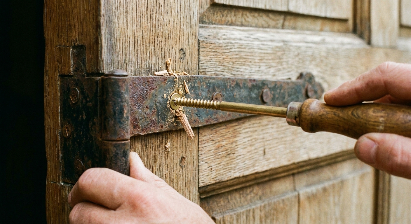Primer plano de una bisagra en una puerta de madera mientras se instala un tornillo largo con destornillador, fotografía realista