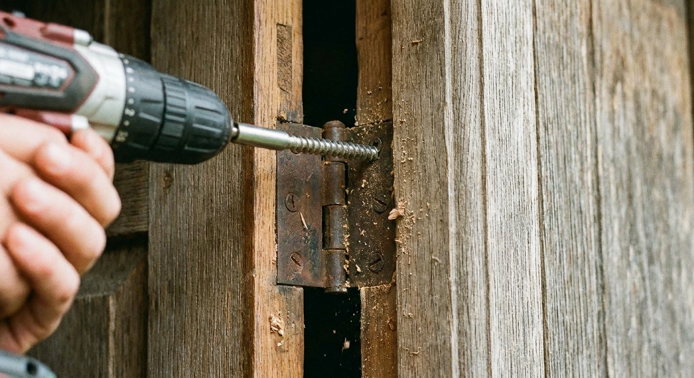 Primer plano de una bisagra superior en una puerta de madera, con un tornillo largo siendo colocado para reforzar el anclaje al marco, fotografía realista