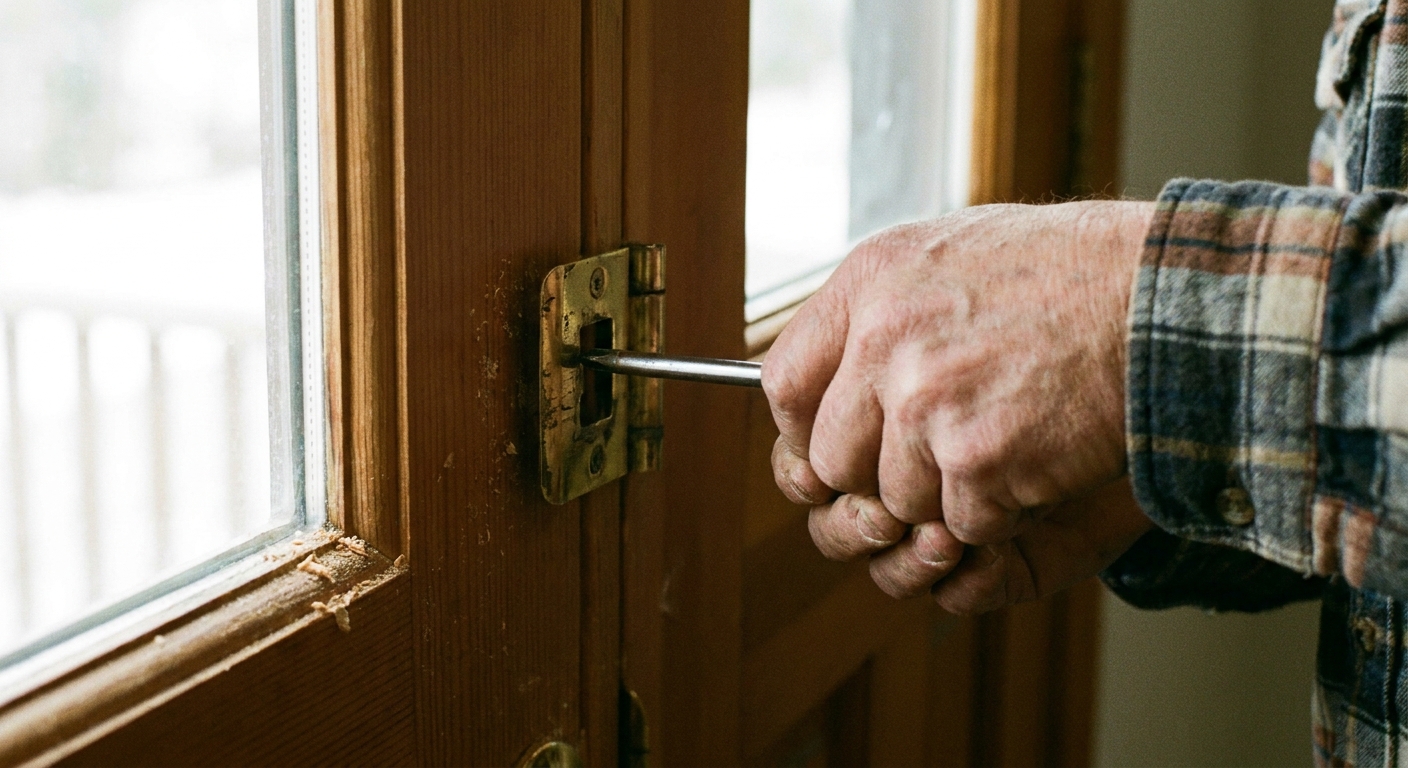 Primer plano de una mano ajustando con destornillador la placa del cerradero en el marco de una puerta interior, fotografía realista
