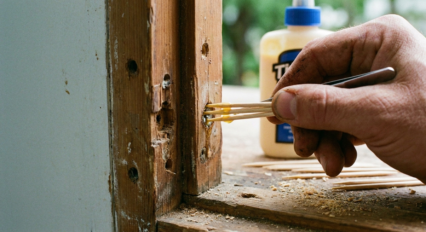 Primer plano de una mano colocando palillos de madera con pegamento en un agujero de tornillo en el marco de una puerta, fotografía realista