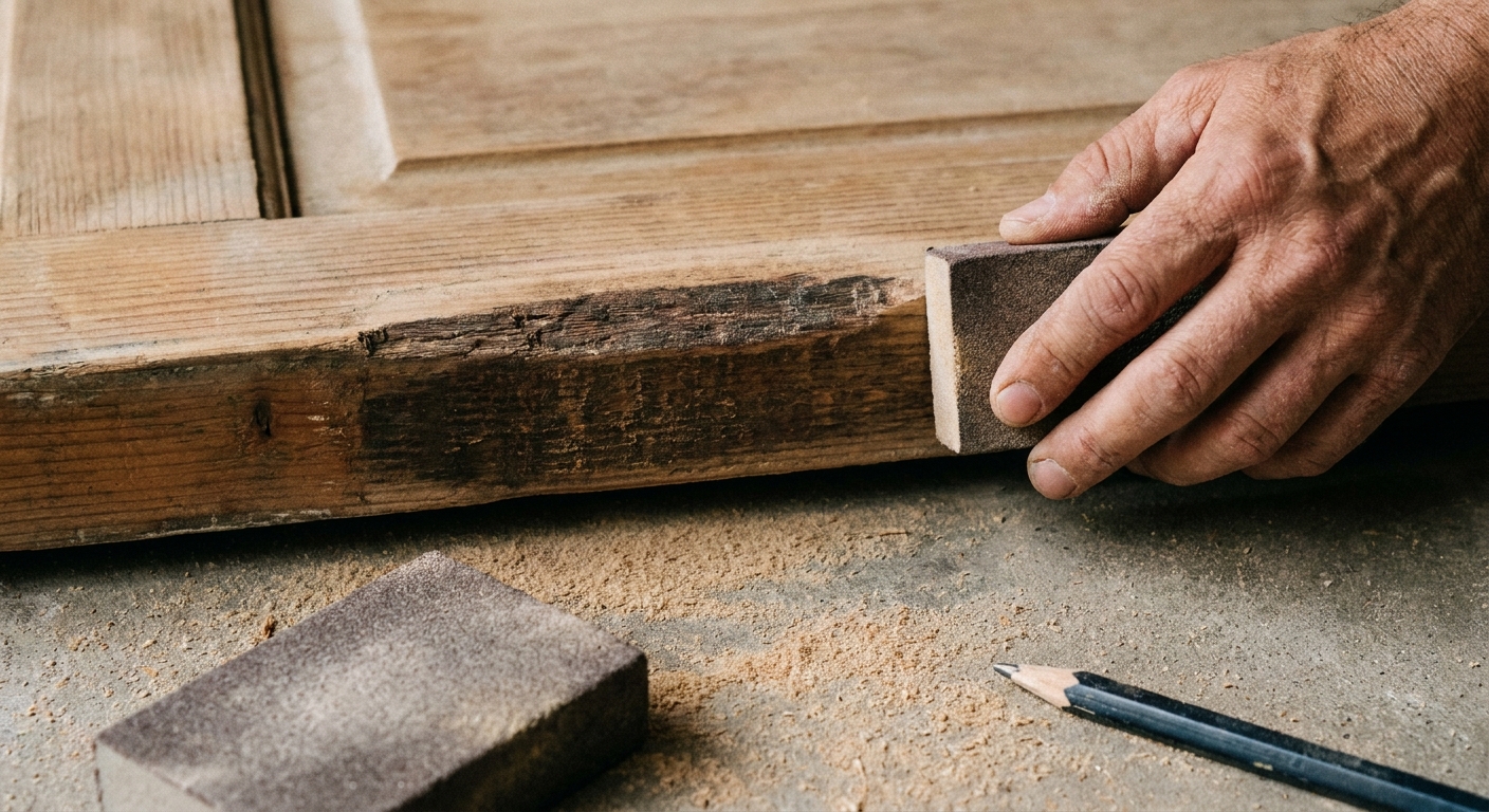 Primer plano de una mano lijando el canto de una puerta de madera donde se nota una zona de roce, con polvo fino de madera en el suelo, fotografía realista