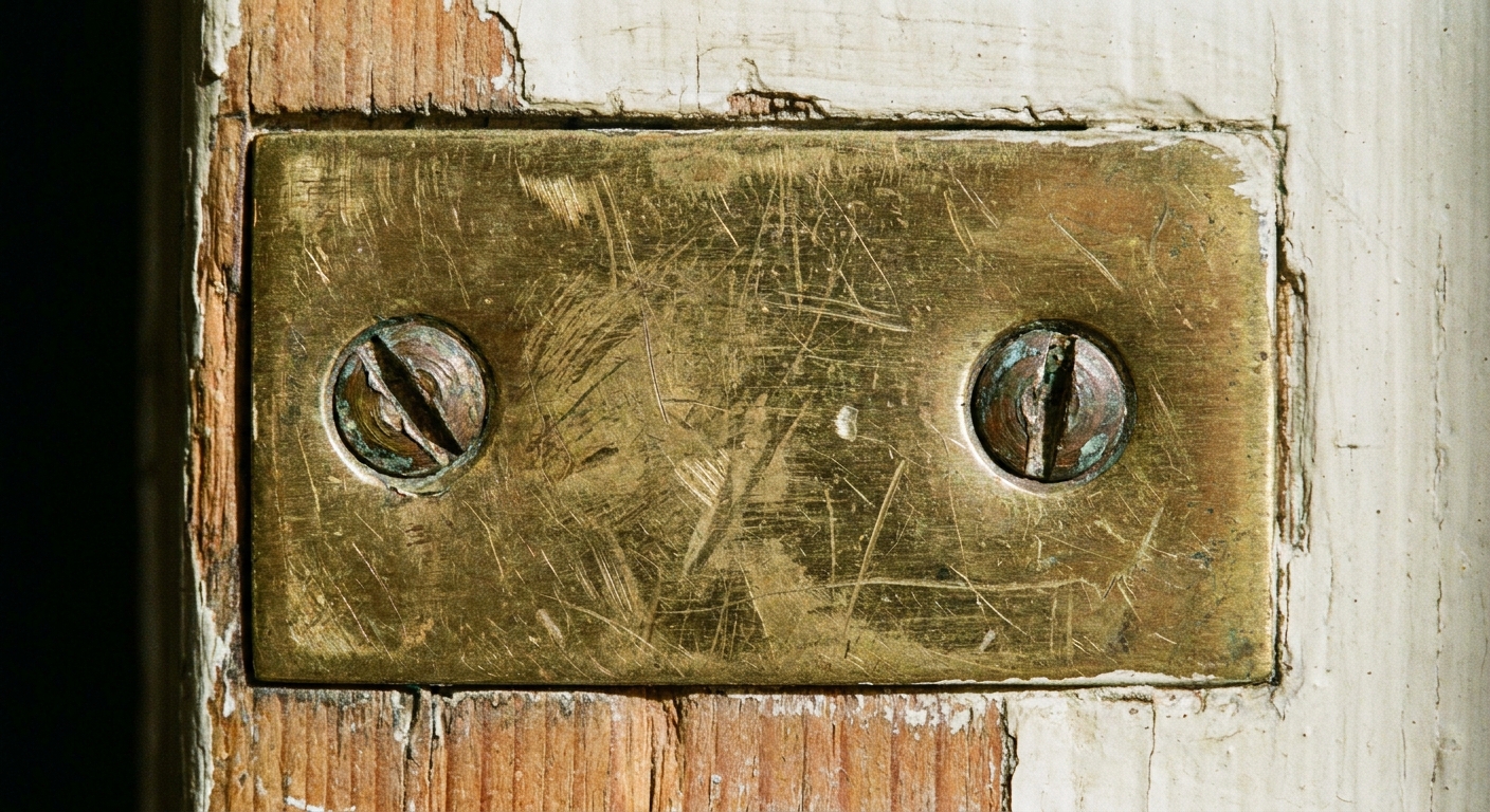 Primer plano de una placa metálica de pestillo en el marco de una puerta, con tornillos visibles y marcas leves de roce, fotografía realista