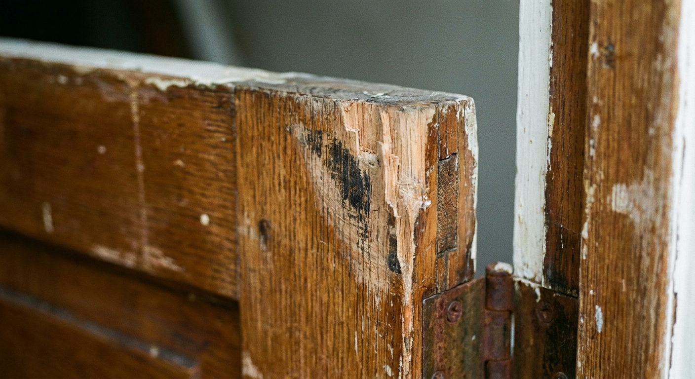 Primer plano del canto de una puerta de madera con una marca visible de roce cerca de la esquina superior, fotografía realista