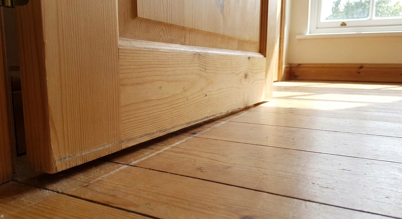 Puerta interior de madera clara rozando ligeramente un piso de madera, con una fina marca de roce visible cerca del borde inferior, fotografía realista