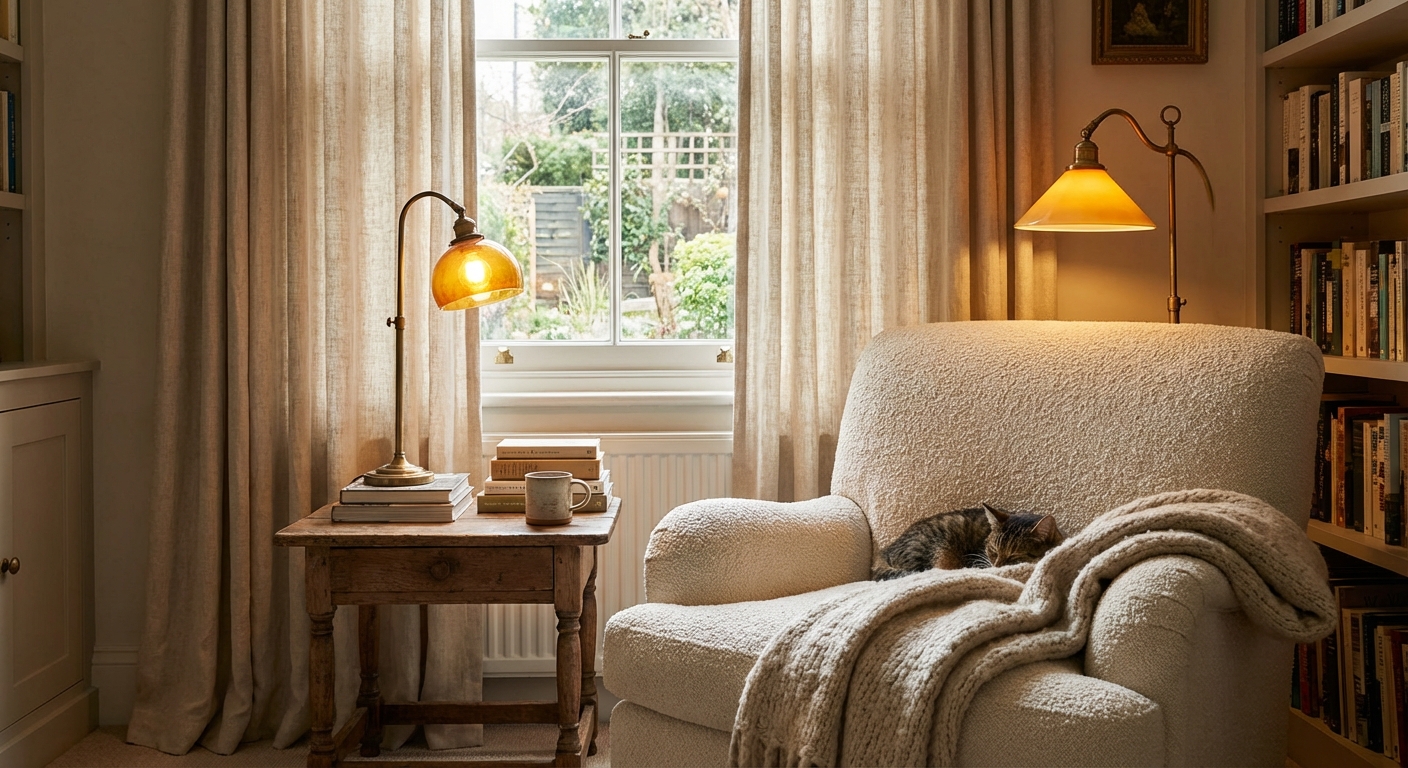 Reading nook with a plush chair, linen curtains, a small wooden side table, and a warm amber reading lamp