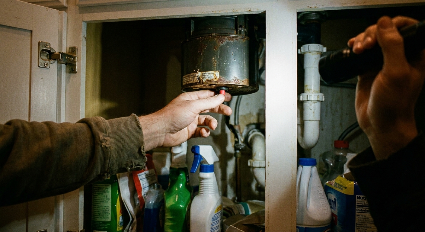 Realistic photo under a kitchen sink showing a hand reaching toward a small red reset button on the underside of a garbage disposal