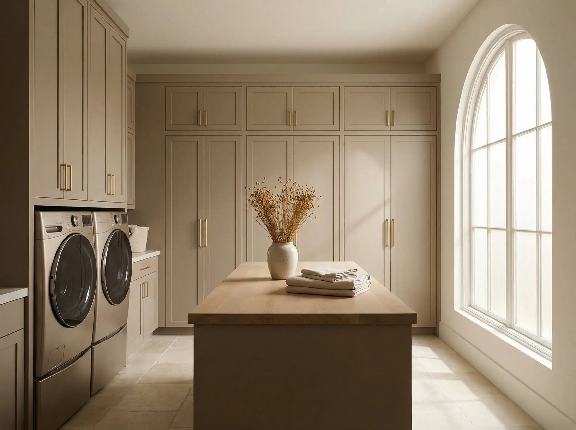 Rolling satin paint onto a laundry room wall beside a washer and dryer