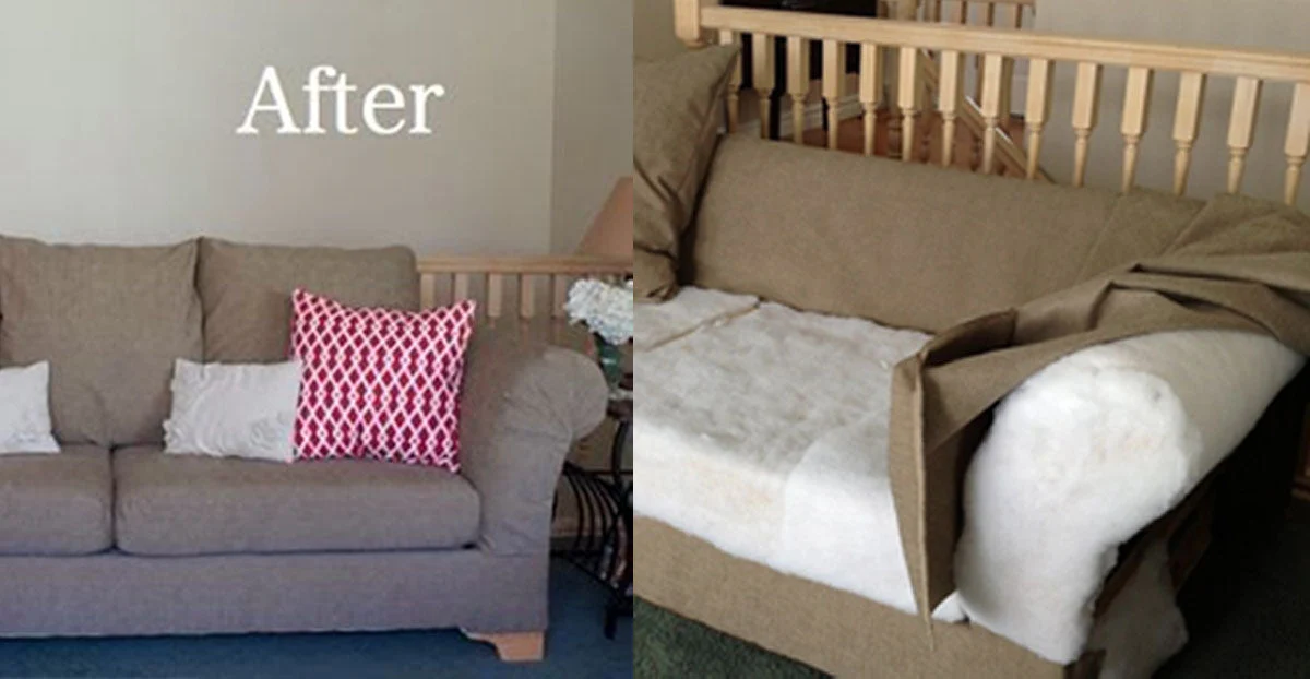 Seat and back cushions from a sectional arranged on a clean floor with small pieces of painter's tape labeling each cushion position, realistic home photo