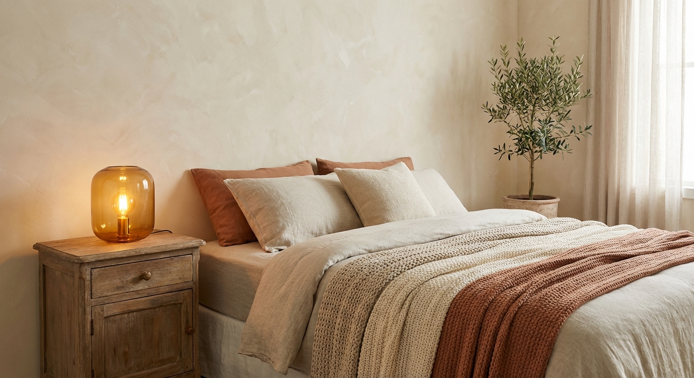 Serene bedroom with a softly textured limewash wall, warm neutral bedding, vintage bedside table, and an amber lamp