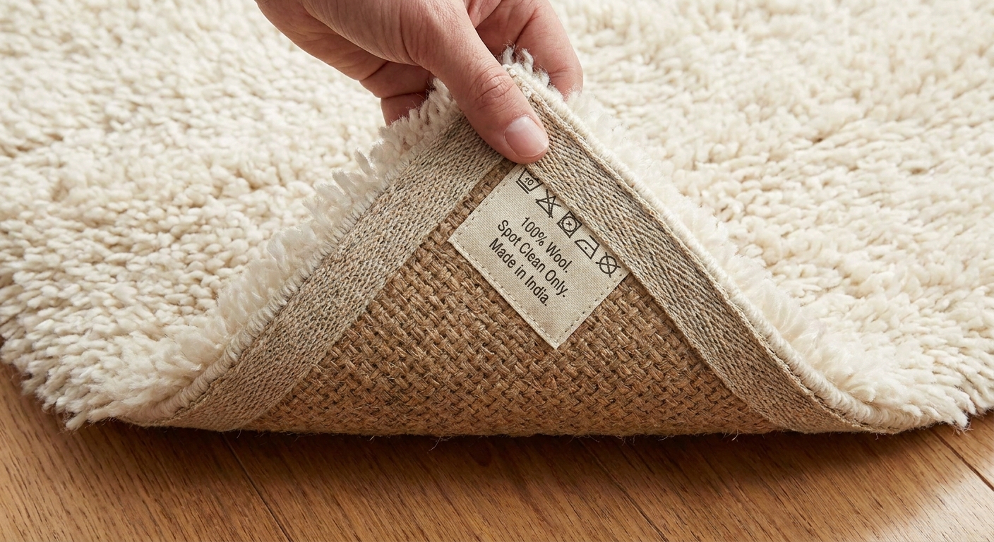 Shag rug corner lifted to show backing and care label