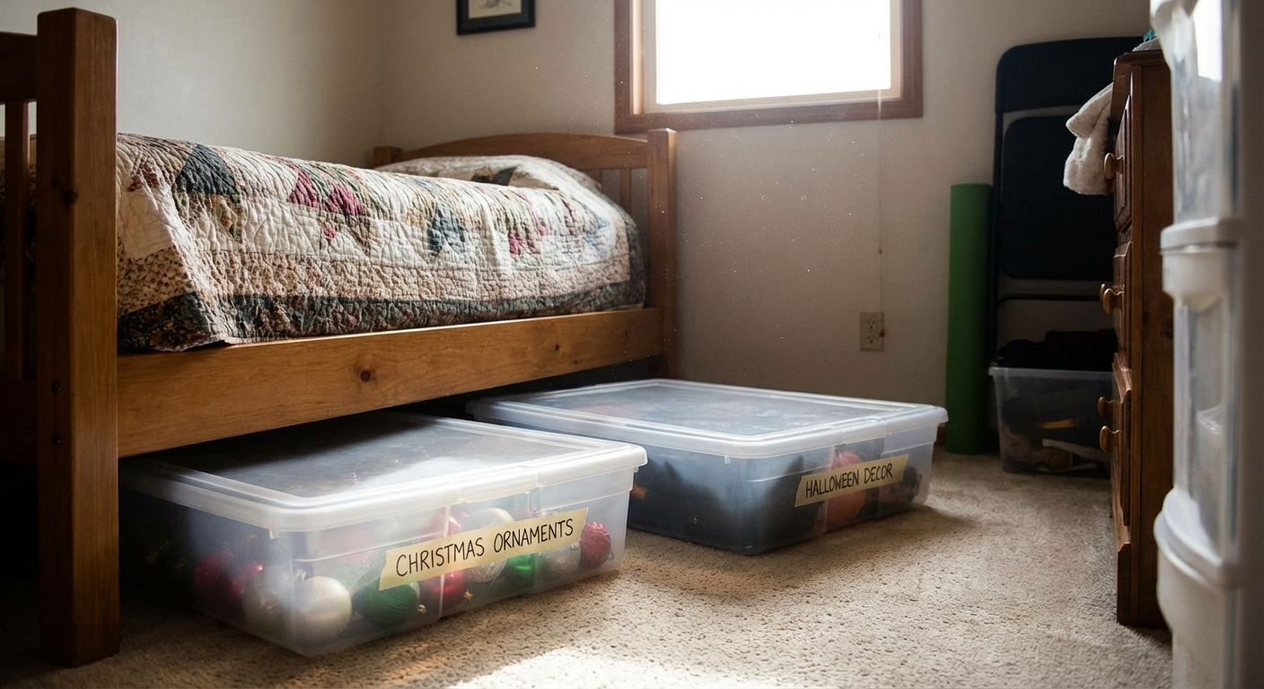 Shallow lidded storage bins labeled for holiday decor sliding out from under a bed in a small bedroom, realistic photography