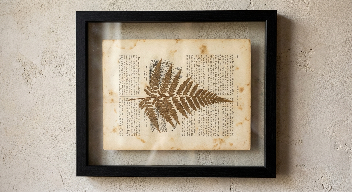 Simple black frame containing a yellowed vintage book page with a delicate pressed fern centered on top