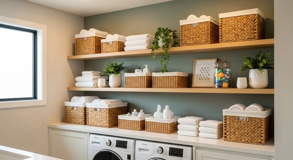 Simple shelves with matching labeled bins and baskets above a washer and dryer