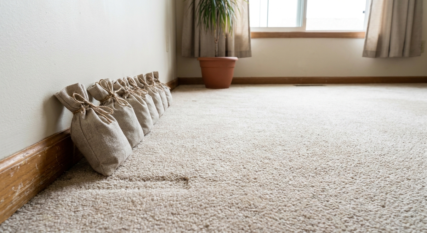Small activated charcoal odor absorber bags placed neatly along a carpeted baseboard in a simple apartment room