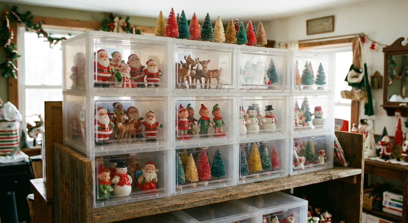 Stacked clear plastic shoe boxes holding small holiday figurines and mini bottle brush trees on a shelf, realistic home photography