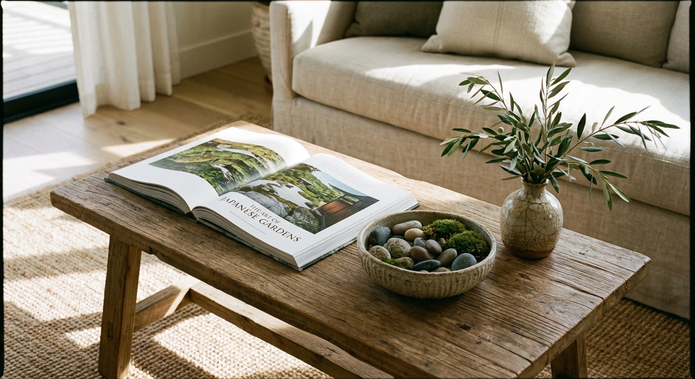 Styled coffee table with a large art book, ceramic bowl, and small vase with greenery
