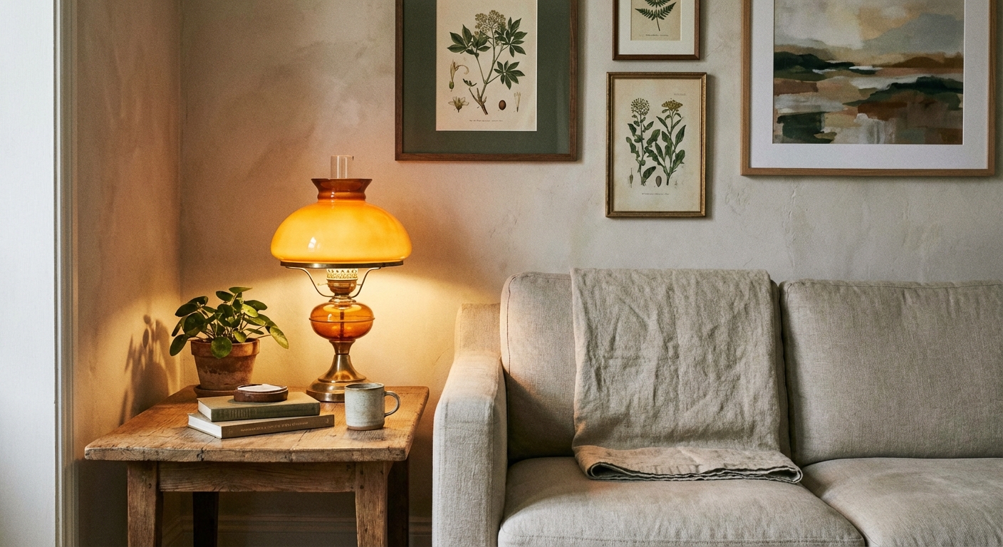 Styled living room corner with an amber-glow table lamp on a side table, a folded linen throw on a sofa arm, and framed artwork on the wall